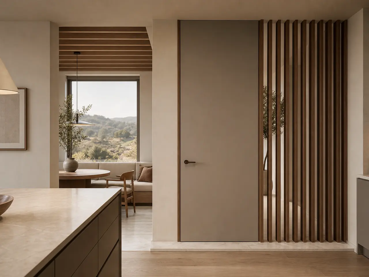 Fadior Silhouette Interior Door Suite with Sculptural Fin Passage Screen - full-height stainless steel interior door with concealed frame, quiet hardware, and matching wall panel continuity