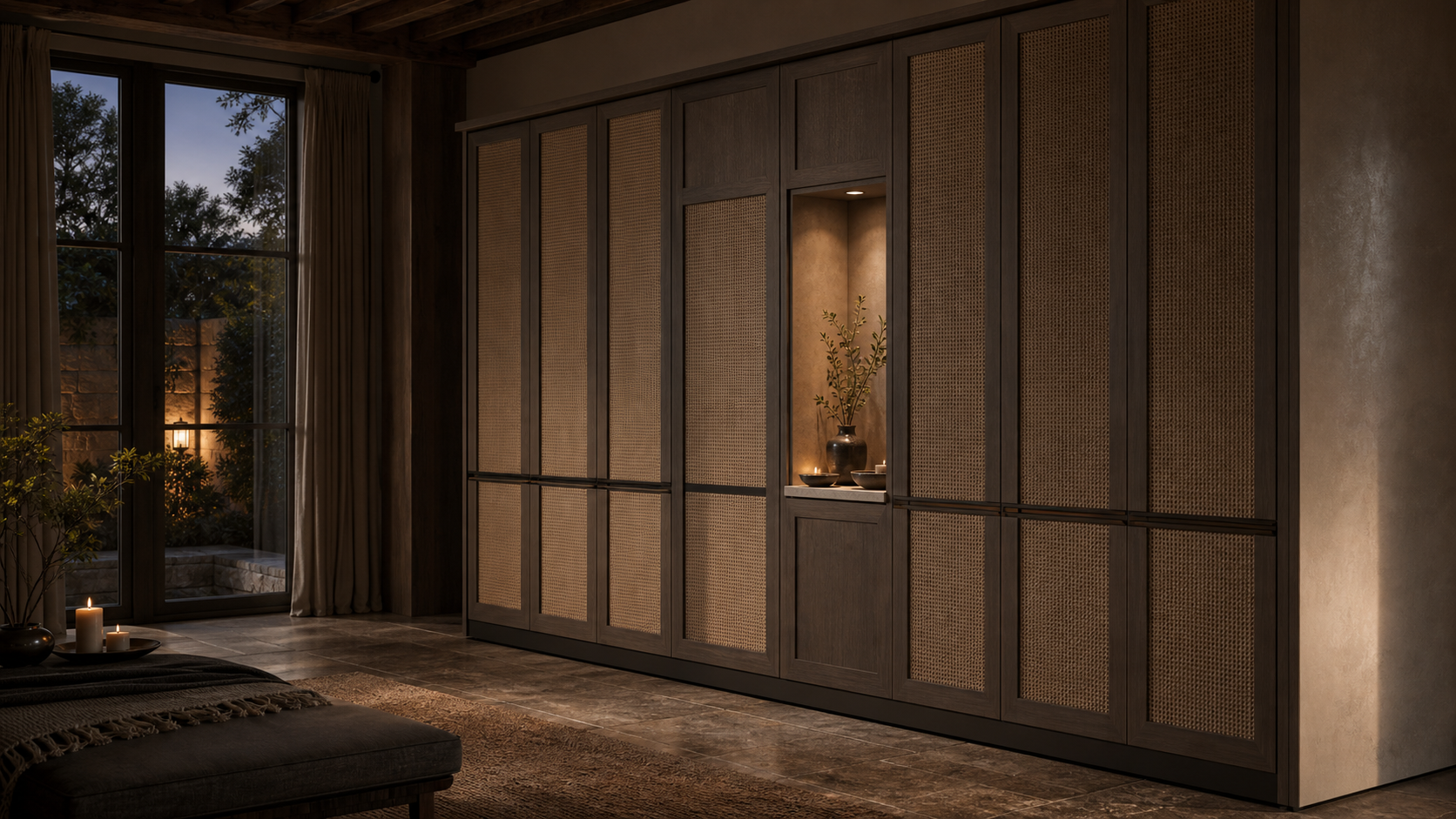Fadior Lumiere Wardrobe Suite with Caned Pearl Dressing Niche — lifestyle setting with natural light and residential styling
