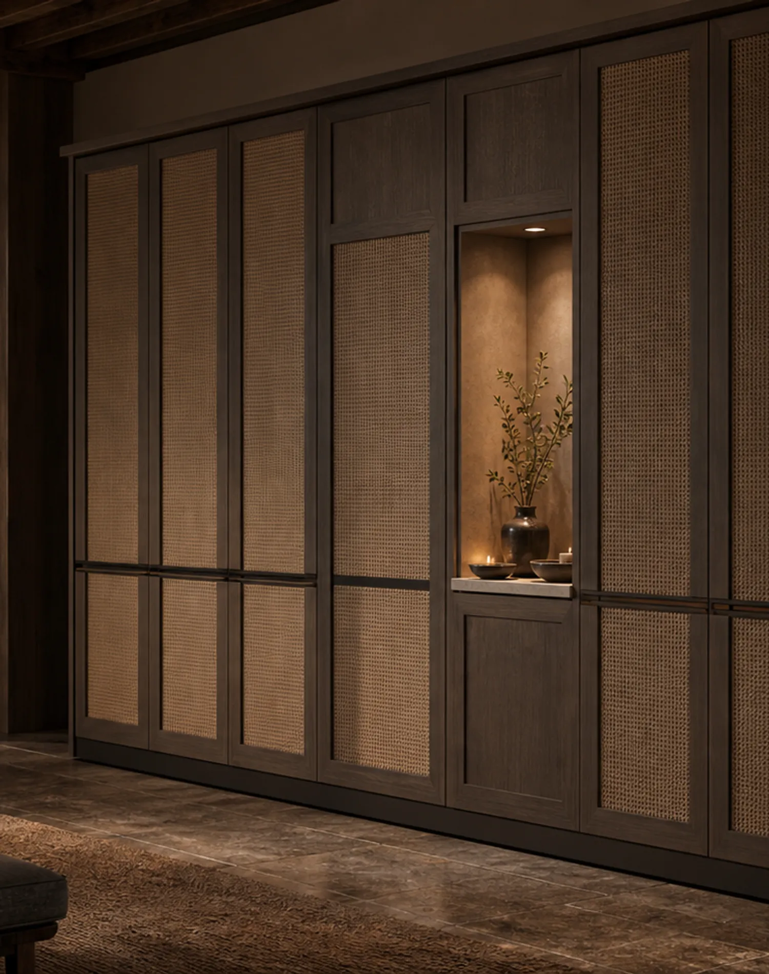 Fadior Lumiere Wardrobe Suite with Caned Pearl Dressing Niche — lifestyle setting with natural light and residential styling