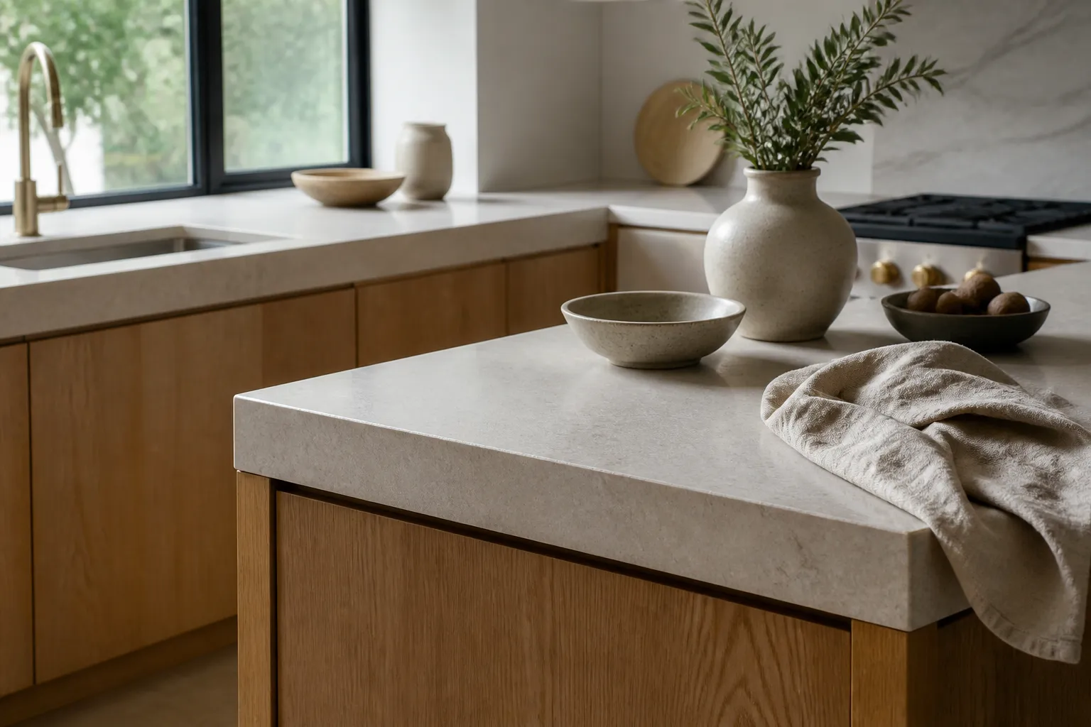 Material mood study with pale stone, oak-grain cabinet fronts and linen texture.