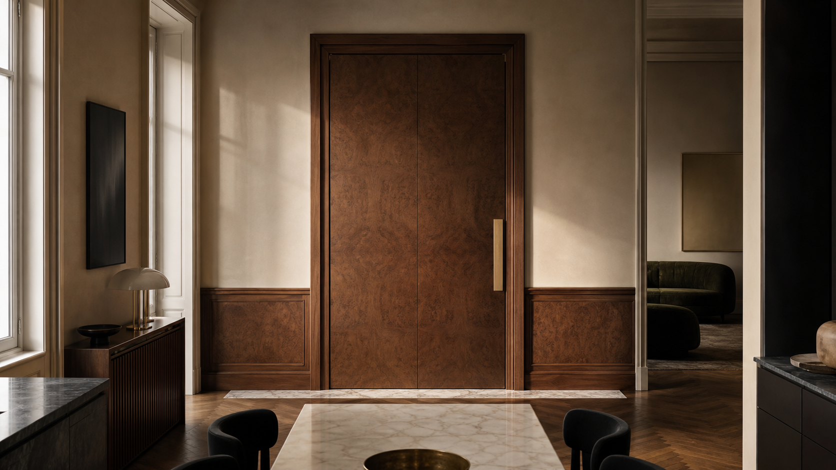 Fadior Silhouette Interior Door Suite with Walnut Edge Gallery Portal — lifestyle setting with natural light and residential