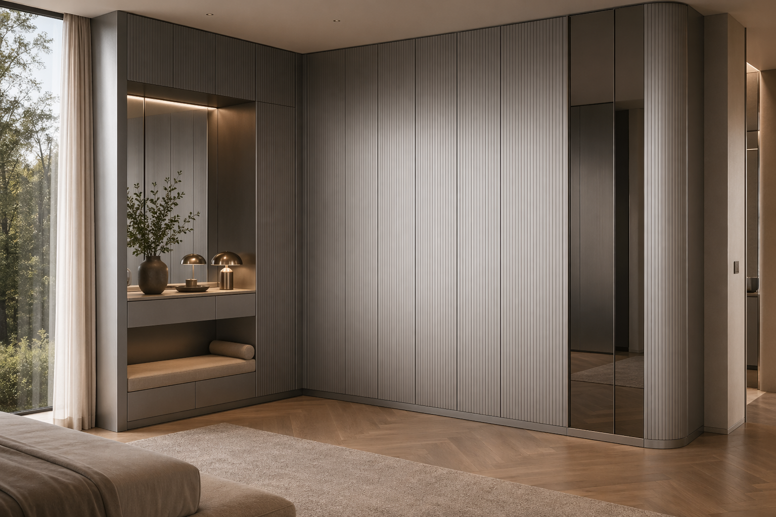 Fadior Brera Wardrobe Suite with Fluted Corner Dressing Wall — interior room context showing cabinet integration