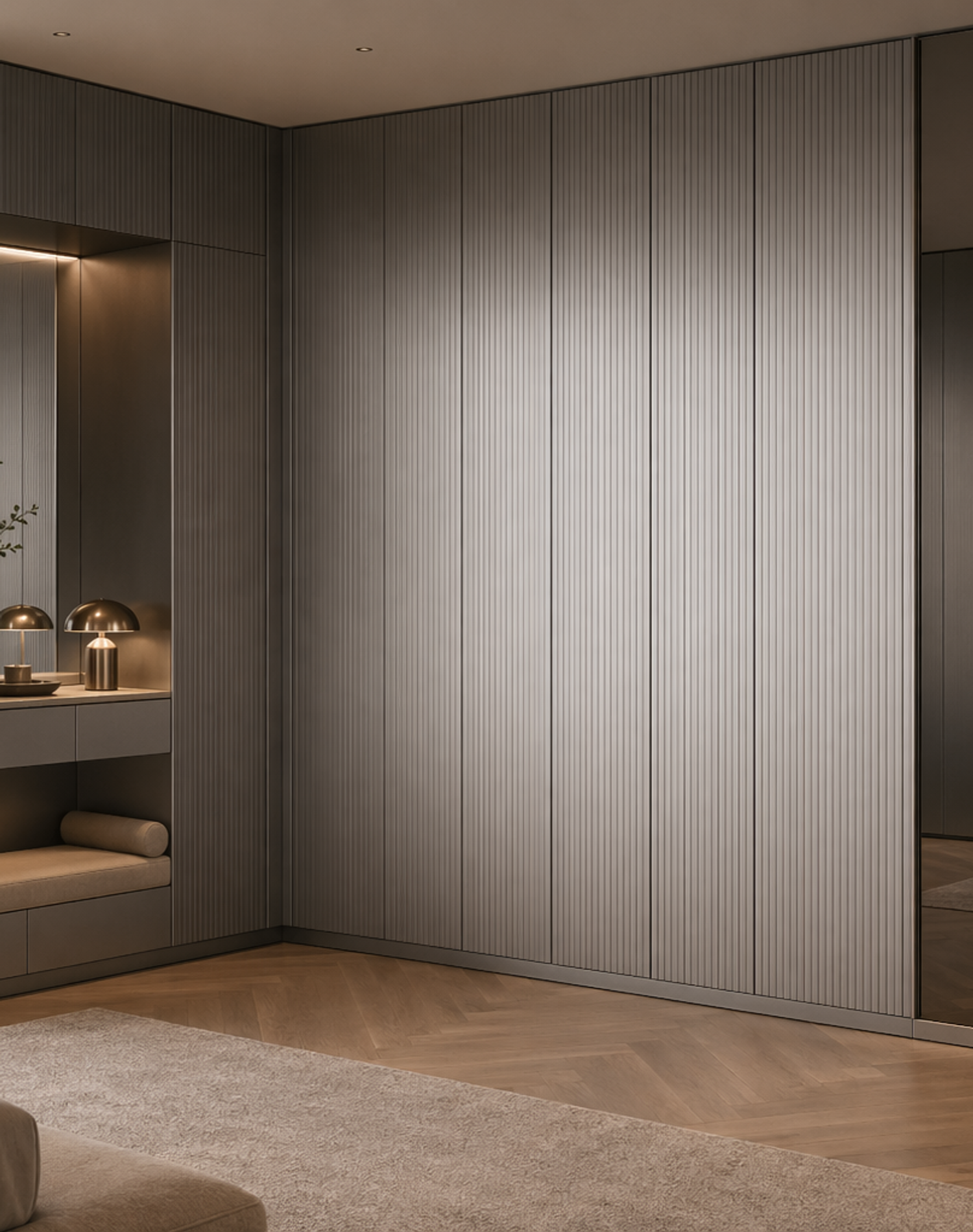 Fadior Brera Wardrobe Suite with Fluted Corner Dressing Wall — interior room context showing cabinet integration