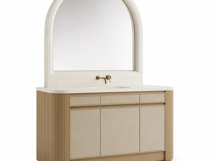 Fadior Ethereal Bath and Vanity Suite with Arched Linen Wash Console — 304 stainless steel bath and vanity system, front view