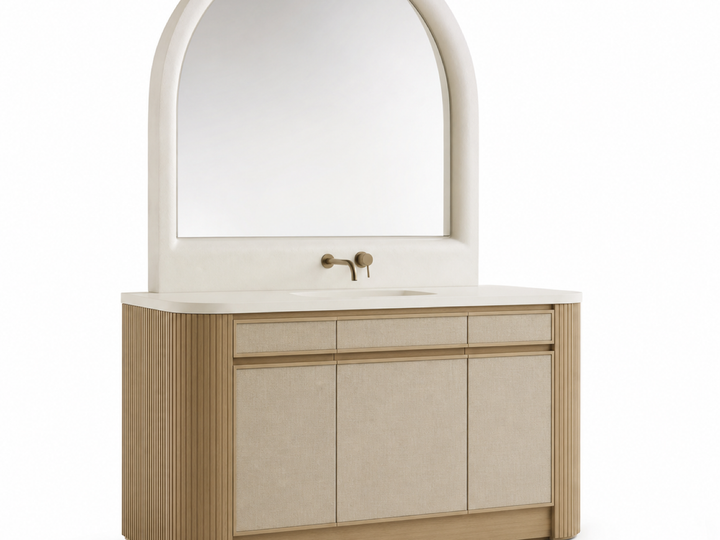 Ethereal Bath and Vanity Suite with Arched Linen Wash Console