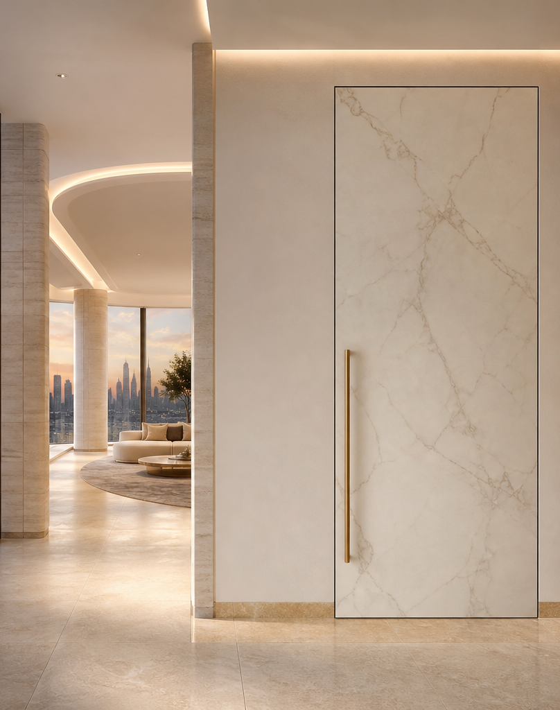 Fadior Silhouette Interior Door Suite with Slate Reveal Concealed Jamb — interior room context showing cabinet integration