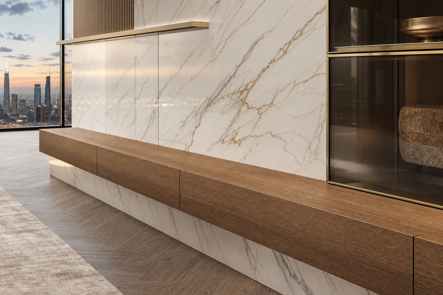 Fadior Zenith Living Room Suite with FSC Teak Sound Ledge — close-up of stainless steel finish and hardware detail