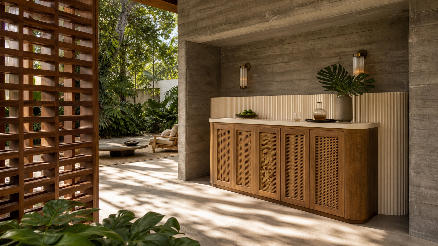 Fadior Grotto Wine Cabinet Suite with Fluted Quartz Aperitif Wall — lifestyle setting with natural light and residential