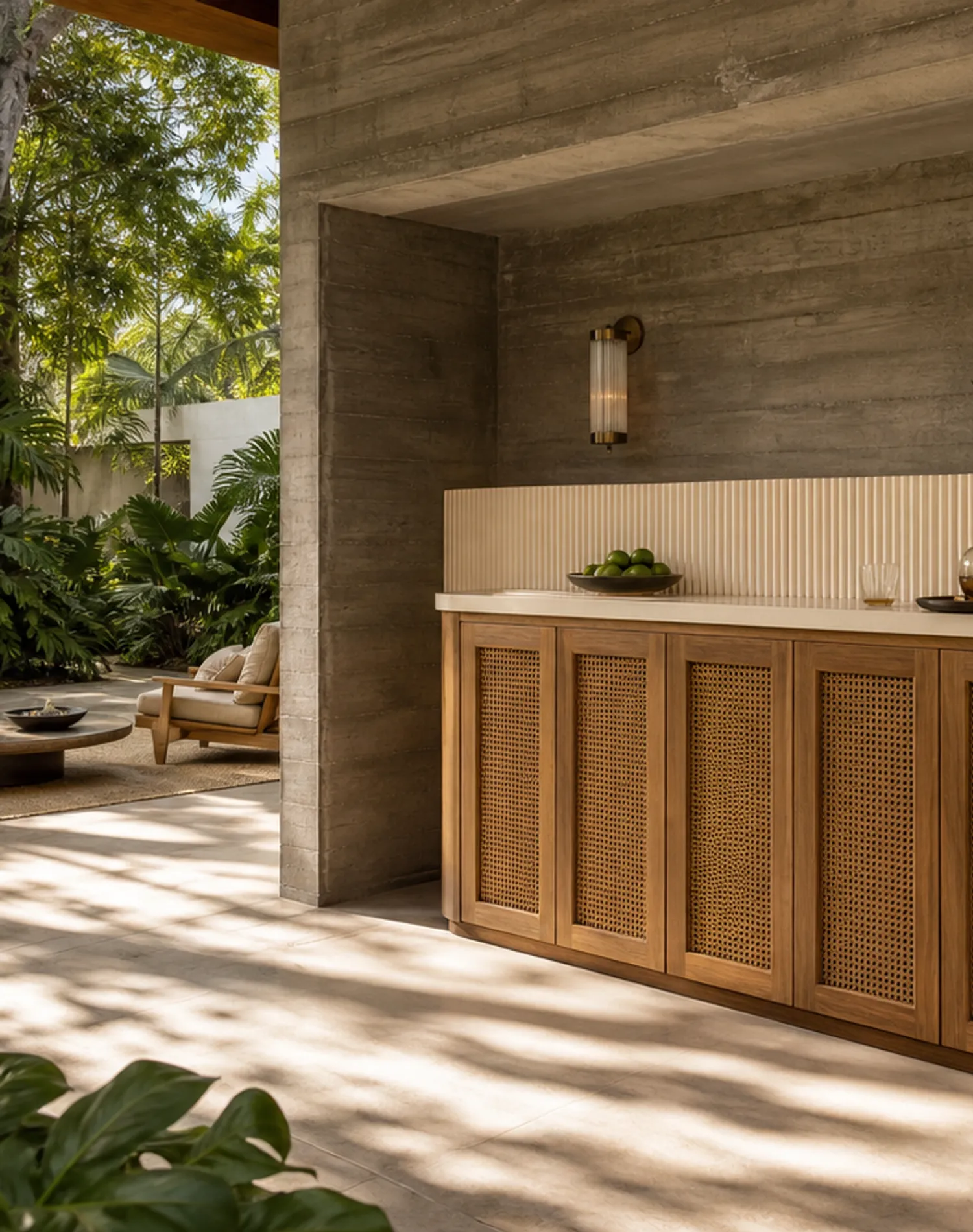 Fadior Grotto Wine Cabinet Suite with Fluted Quartz Aperitif Wall — lifestyle setting with natural light and residential