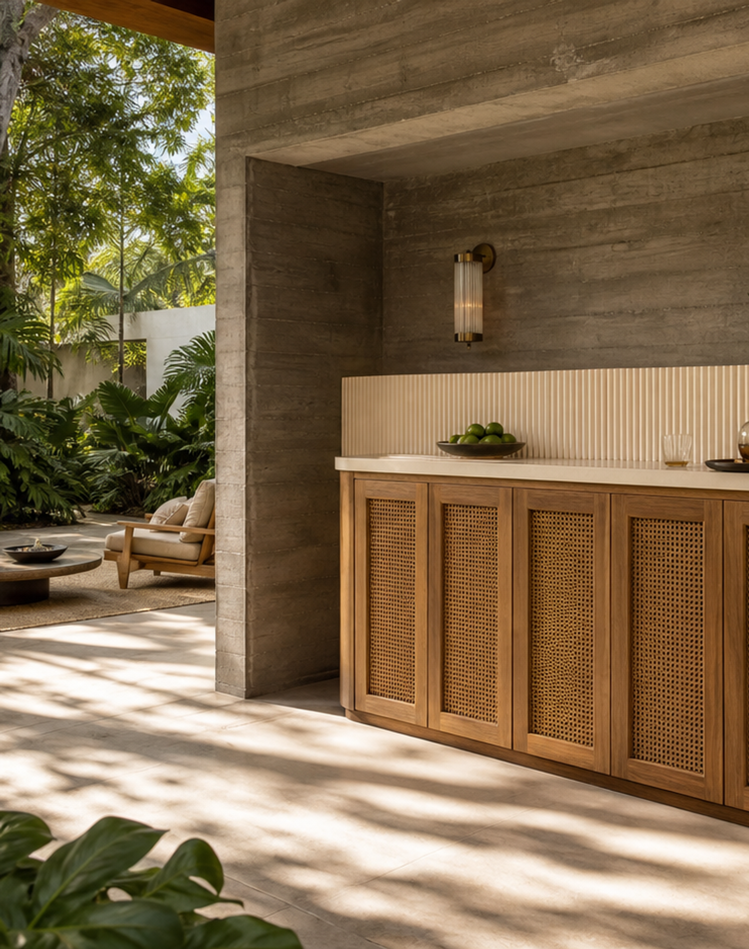 Fadior Grotto Wine Cabinet Suite with Fluted Quartz Aperitif Wall — lifestyle setting with natural light and residential