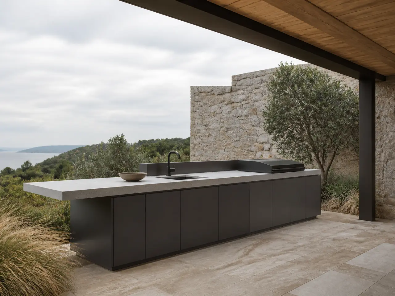 Fadior Horizon Outdoor Kitchen Suite with Porcelain Cantilever Prep Pavilion - 304 stainless steel outdoor kitchen cabinetry with grill, sink, prep counter, weather-ready storage, and open-air use