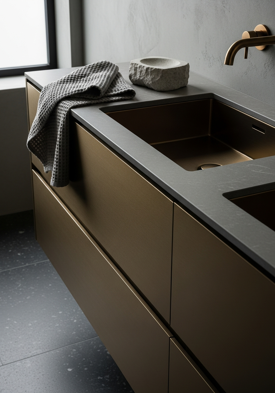 Fadior Acqua Monolith Vanity — close-up of stainless steel finish and hardware detail