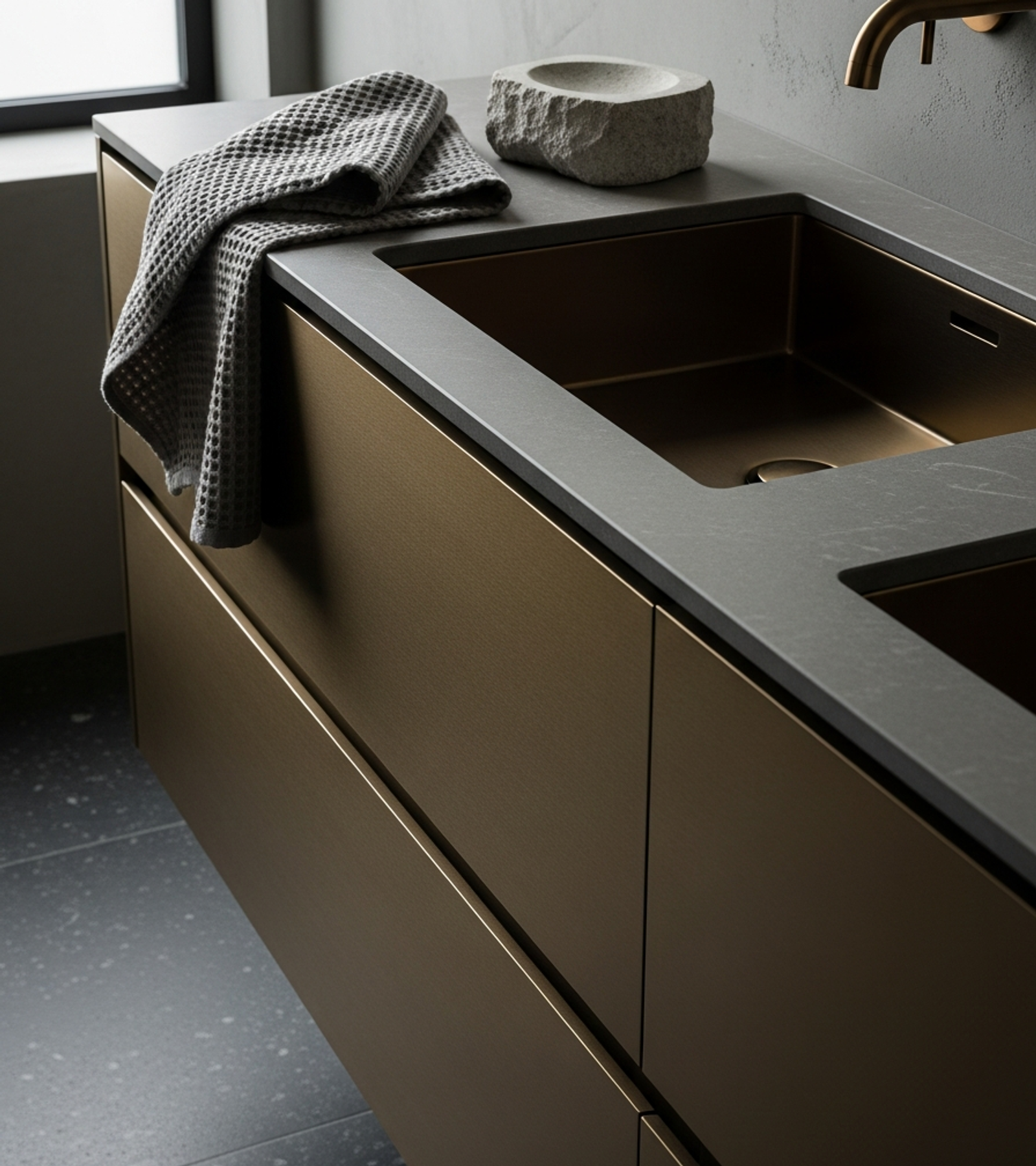 Fadior Acqua Monolith Vanity — close-up of stainless steel finish and hardware detail