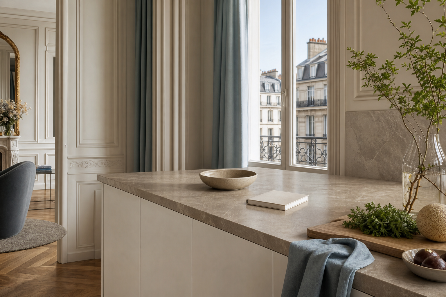Material mood study with pale cabinet fronts, warm taupe worktop, herbs, and soft blue drapery for planning choices.