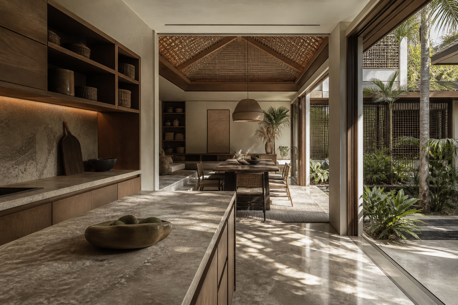 Fadior Ubud 220 sqm Kitchen Villa — kitchen counter, dining table, woven ceiling, shelving, chairs, palm courtyard.