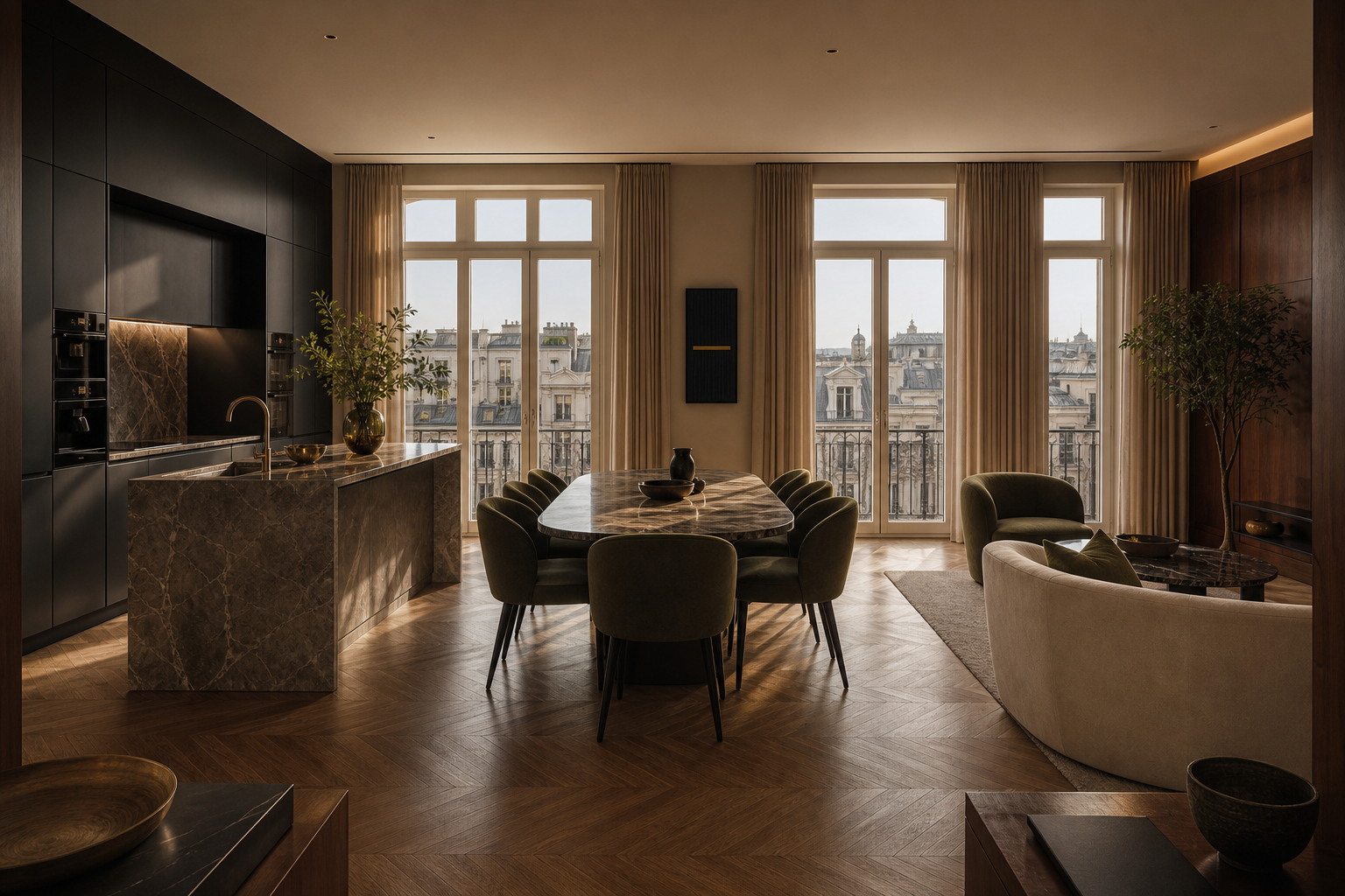 Fadior Milan 75 sqm Kitchen Penthouse - kitchen island, dining table, lounge, tall windows