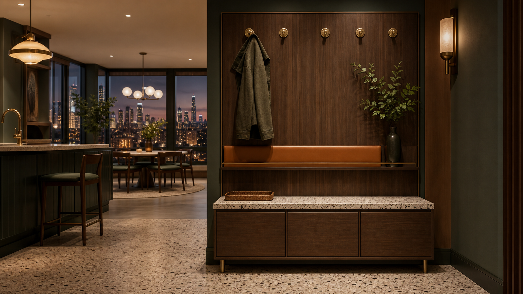 Fadior Savile Entryway Suite with Cognac Mail Rail Console — lifestyle setting with natural light and residential styling