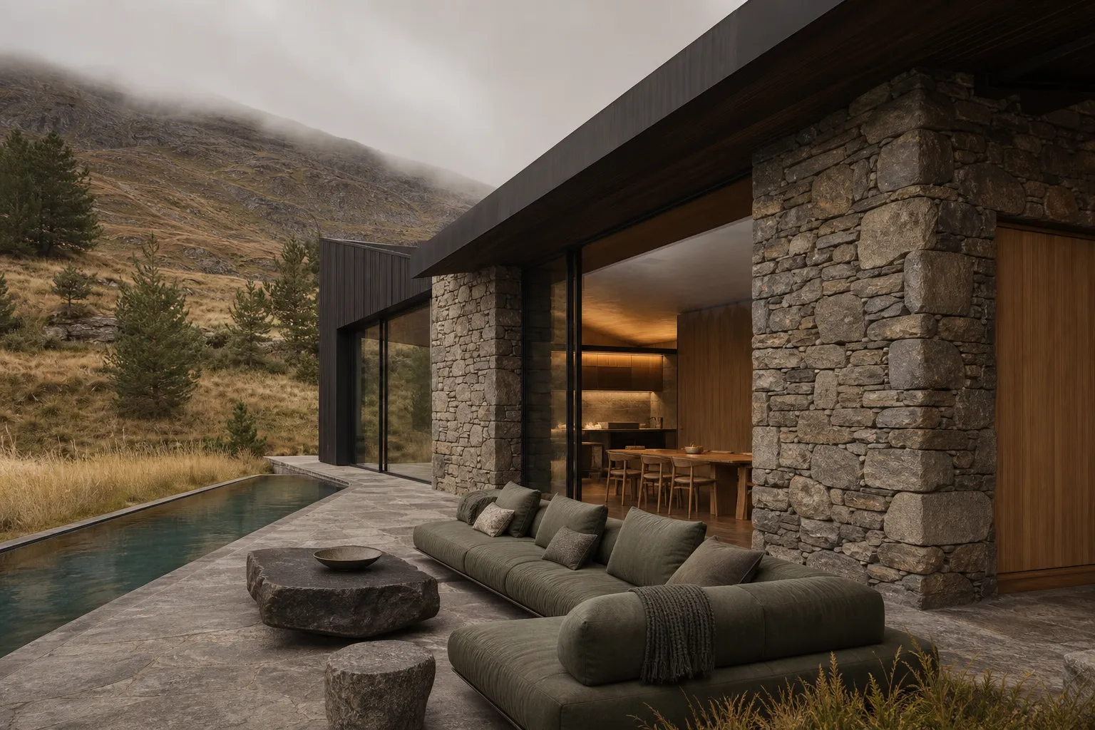 Two connected villa zones comparing layered residential warmth with quiet pared-back surfaces.