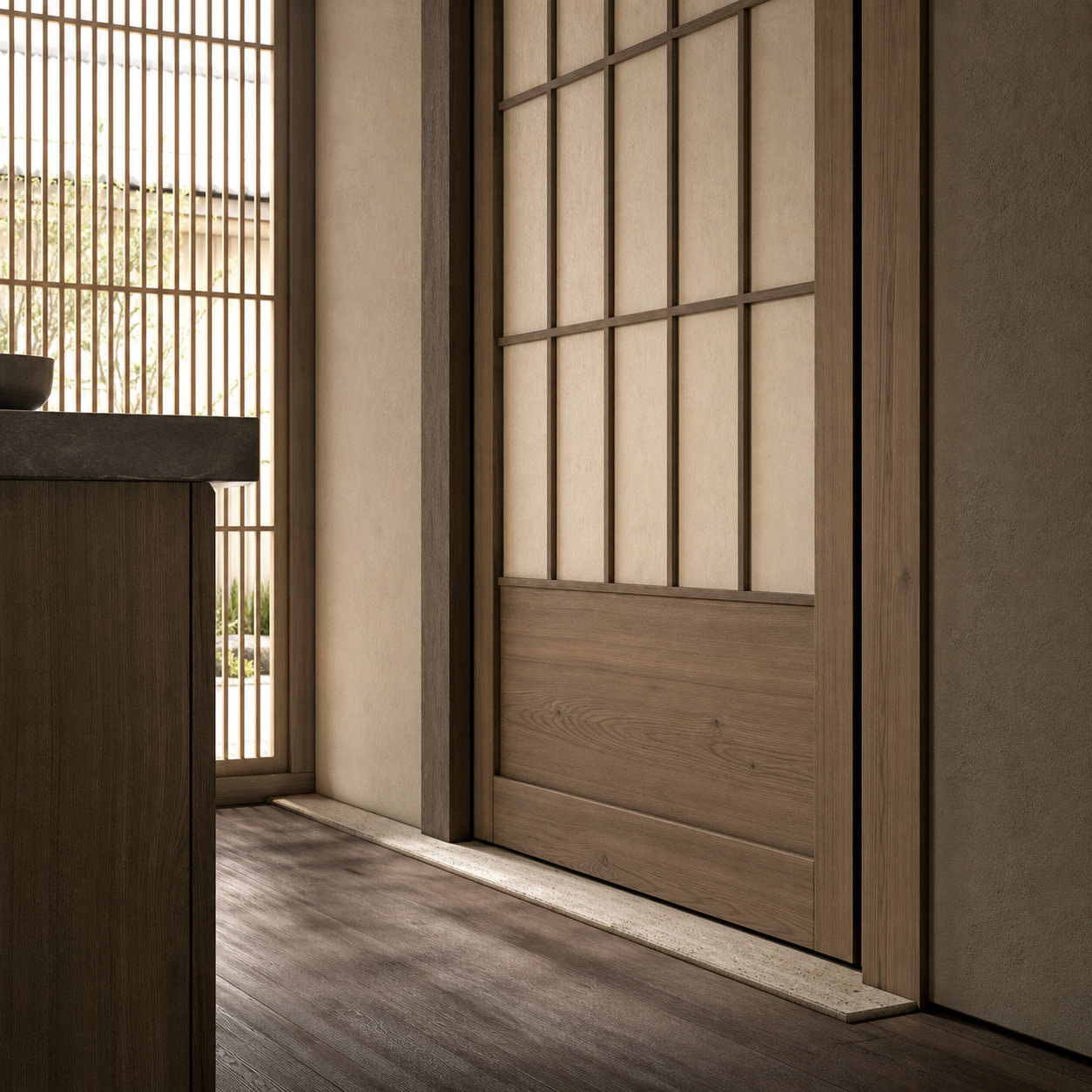 Fadior Silhouette Cypress Lattice Threshold Door — close-up of stainless steel finish and hardware detail