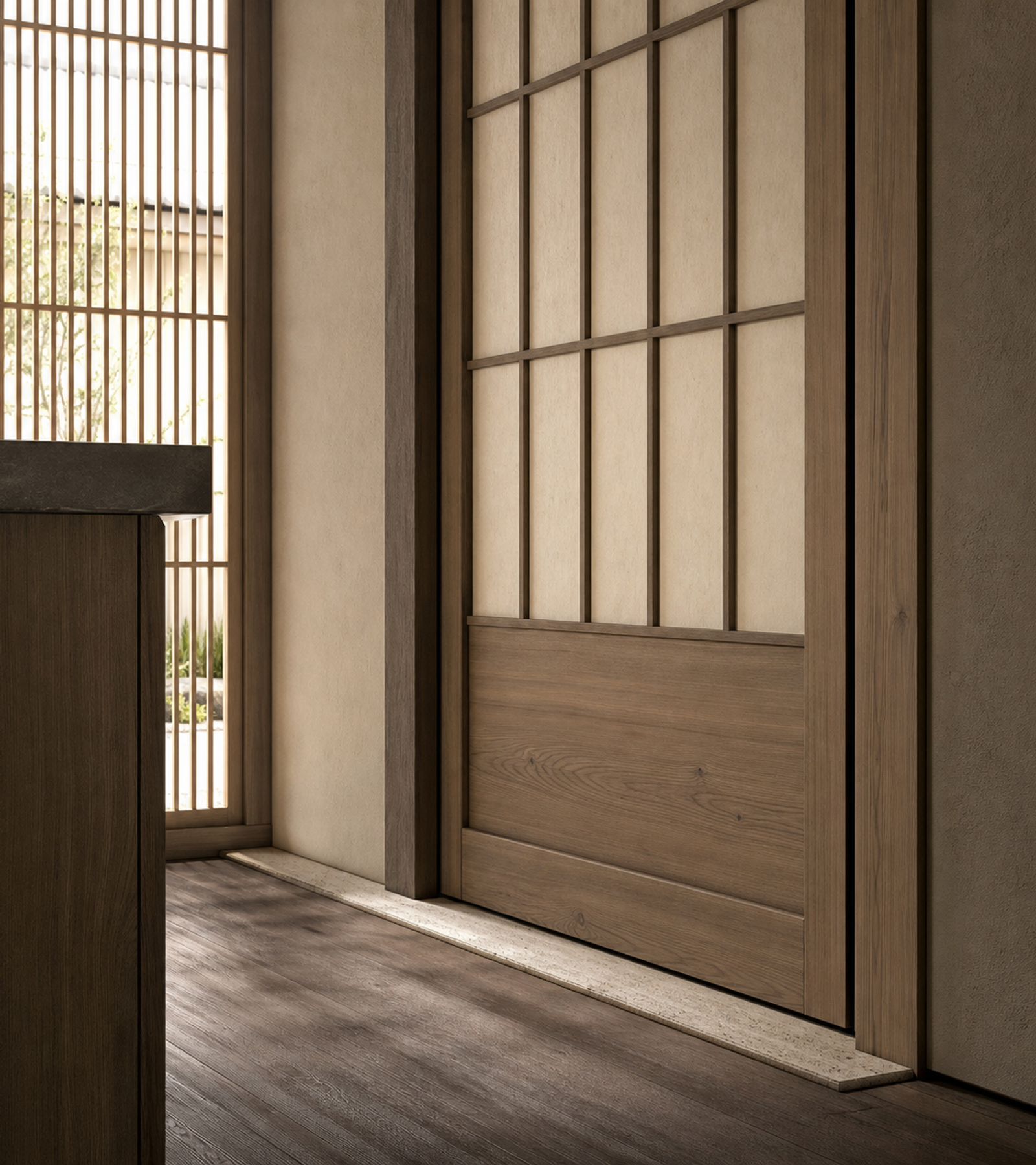 Fadior Silhouette Cypress Lattice Threshold Door — close-up of stainless steel finish and hardware detail