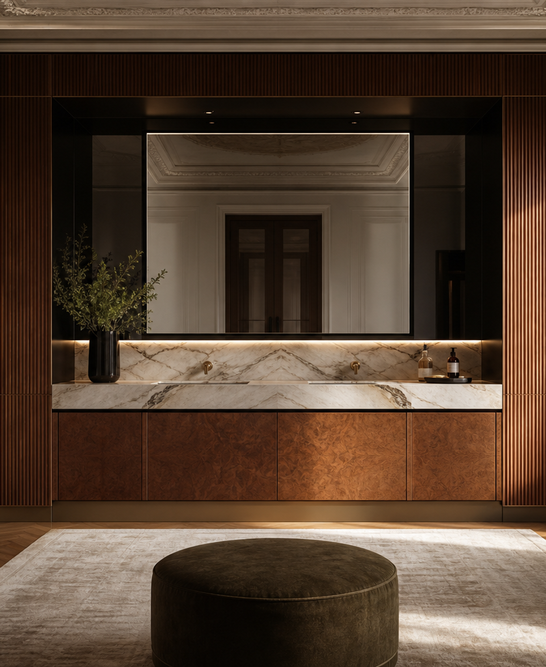 Fadior Verve Bath and Vanity Suite with Fluted Halo Wash Wall — 304 stainless steel bath and vanity system, front view