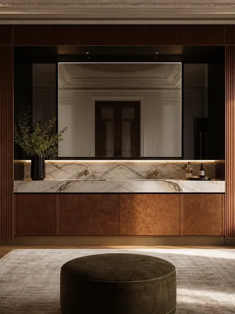 Suite de Baño y Tocador Verve con Pared de Lavabo Estriada y Marco Halo