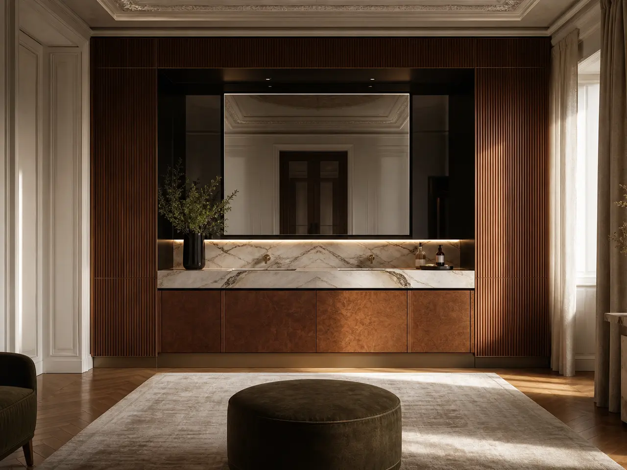 Fadior Verve Bath and Vanity Suite with Fluted Halo Wash Wall - waterproof 304 stainless steel bath vanity with mirror storage, moisture-resistant finishes, and grooming storage