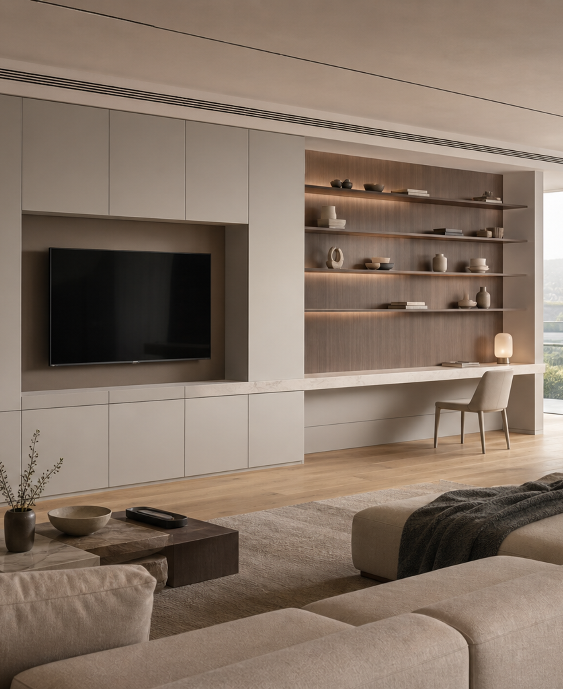 Fadior Silvan Living Room Suite with Pale Stone Study Wall — 304 stainless steel living room system, front view