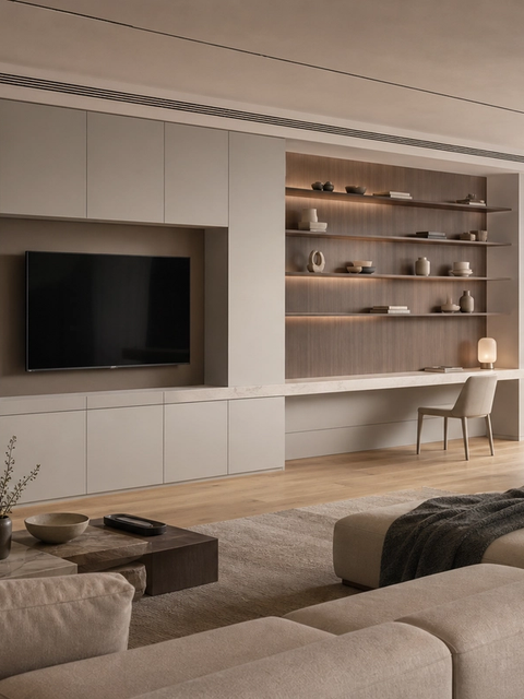 Fadior Silvan Living Room Suite with Pale Stone Study Wall — 304 stainless steel living room system, front view