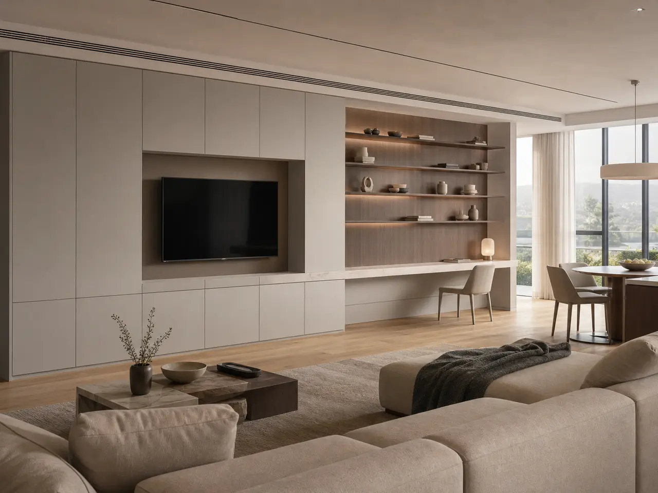 Fadior Silvan Living Room Suite with Pale Stone Study Wall - stainless steel living room cabinetry with media storage, display shelving, concealed devices, and residential finishes