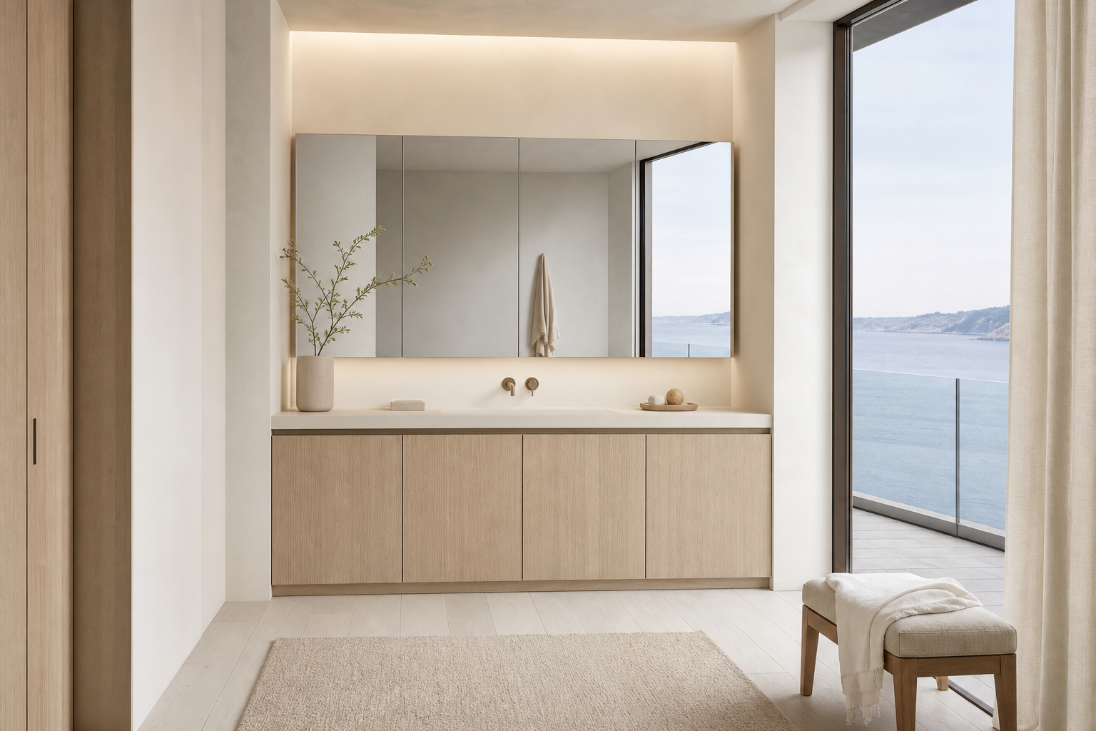 Fadior Nacre Bath and Vanity Suite with Handleless Mirror Storage Bay — interior room context showing cabinet integration