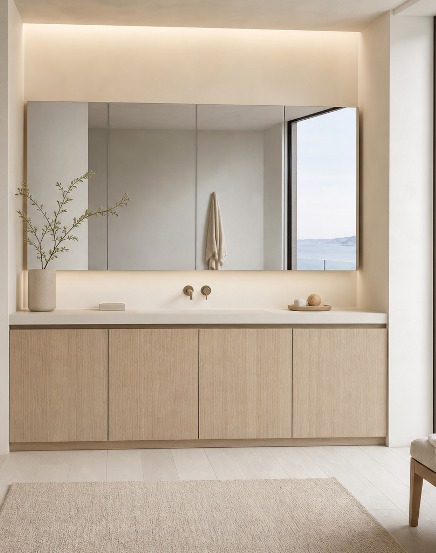Fadior Nacre Bath and Vanity Suite with Handleless Mirror Storage Bay — interior room context showing cabinet integration