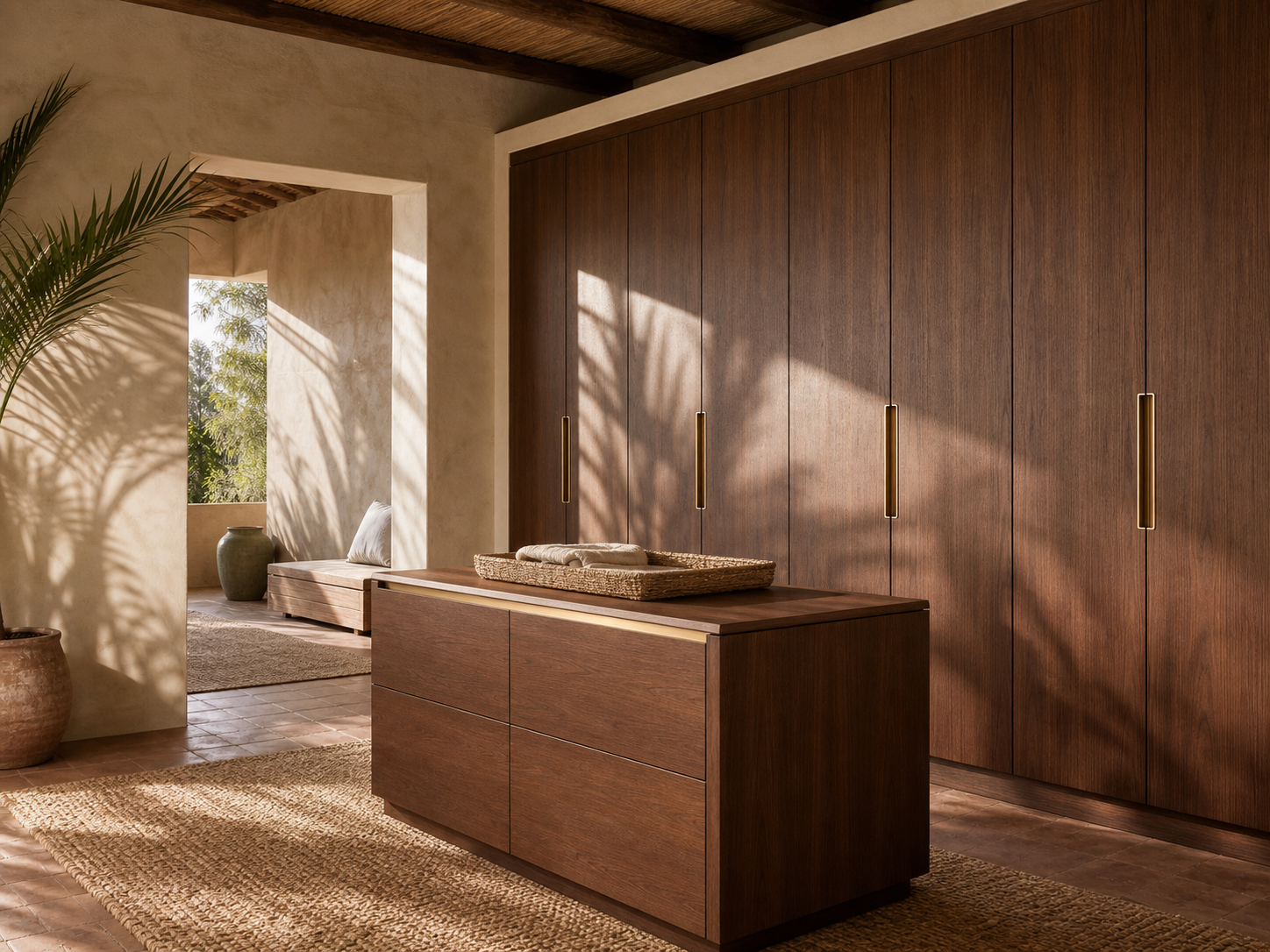 Fadior Voyage Wardrobe Suite with Ipe Valet Island Alcove — interior room context showing cabinet integration