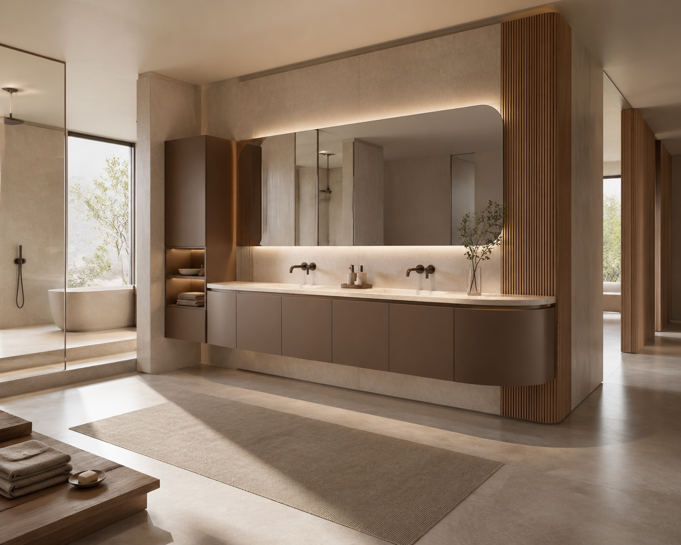 Fadior Solstice Bath and Vanity Suite with Floating Arc Basin Wall — interior room context showing cabinet integration
