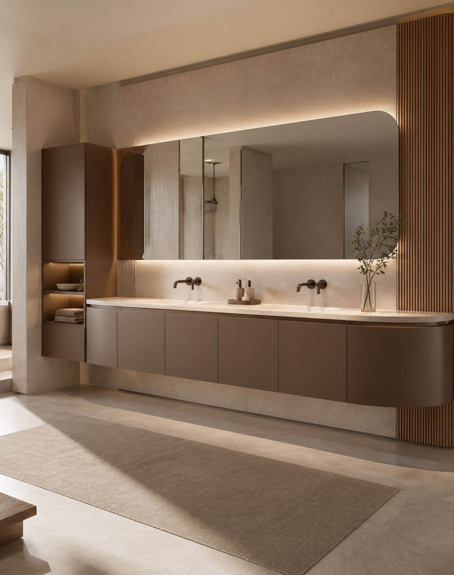 Fadior Solstice Bath and Vanity Suite with Floating Arc Basin Wall — interior room context showing cabinet integration