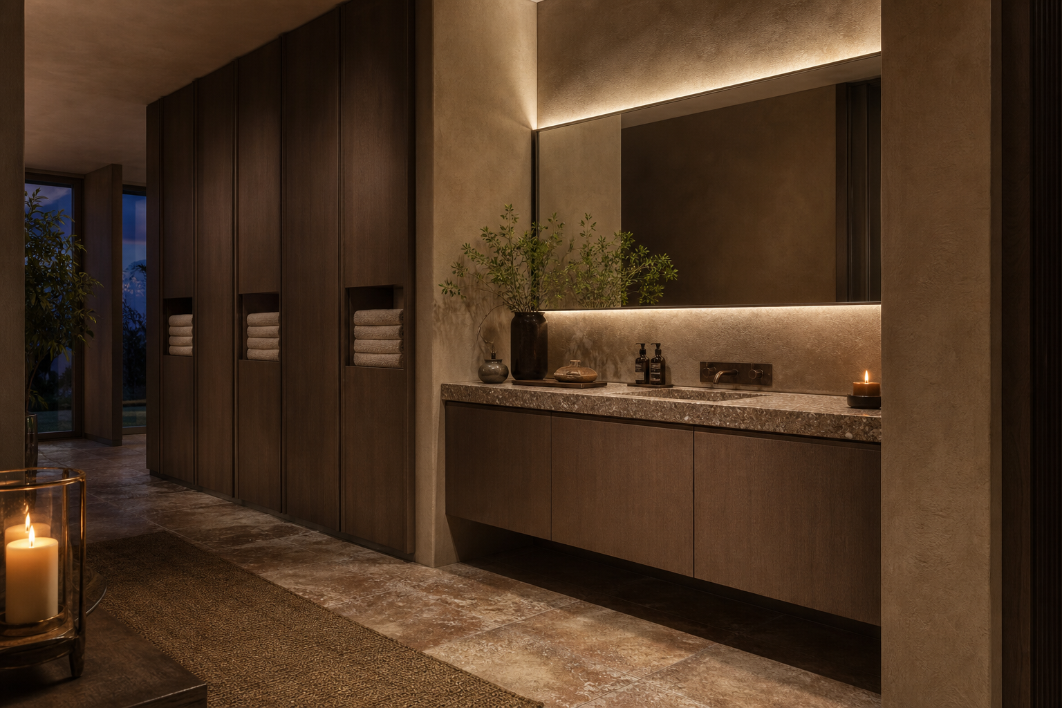 Fadior Verve Bath and Vanity Suite with Cafe Towel Service Wall — interior room context showing cabinet integration