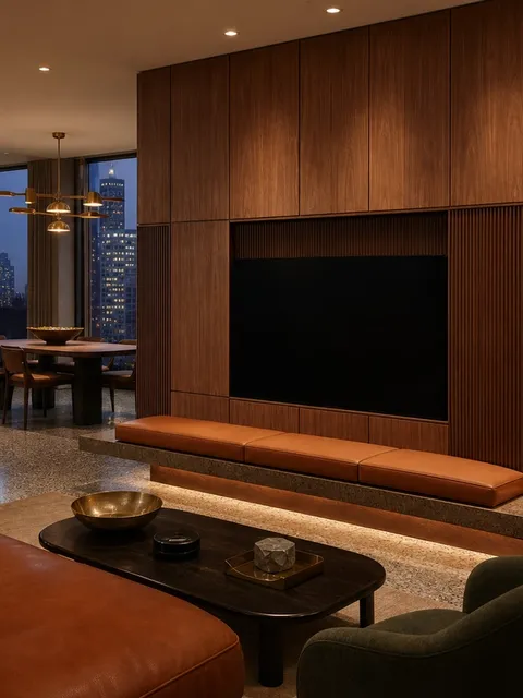 Fadior Zenith Living Room Suite with Cantilevered Listening Hearth — 304 stainless steel living room system, front view