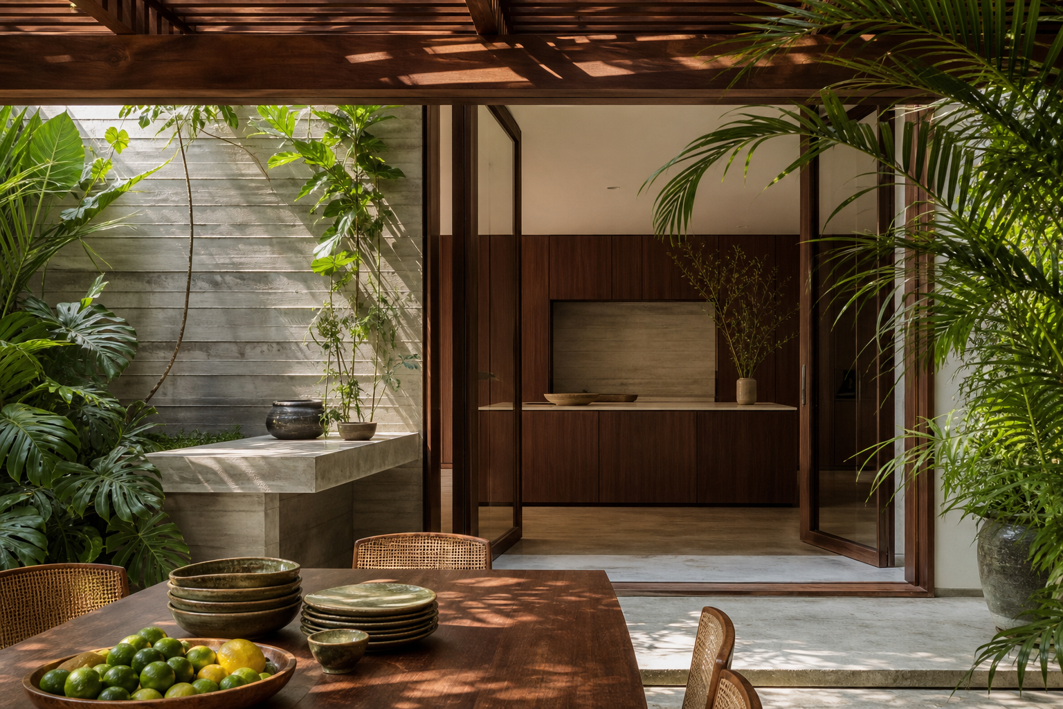 Fadior Hong Kong Garden Courtyard Villa — Hong Kong garden dining threshold with stone table, cabinet doors, wood lattice,