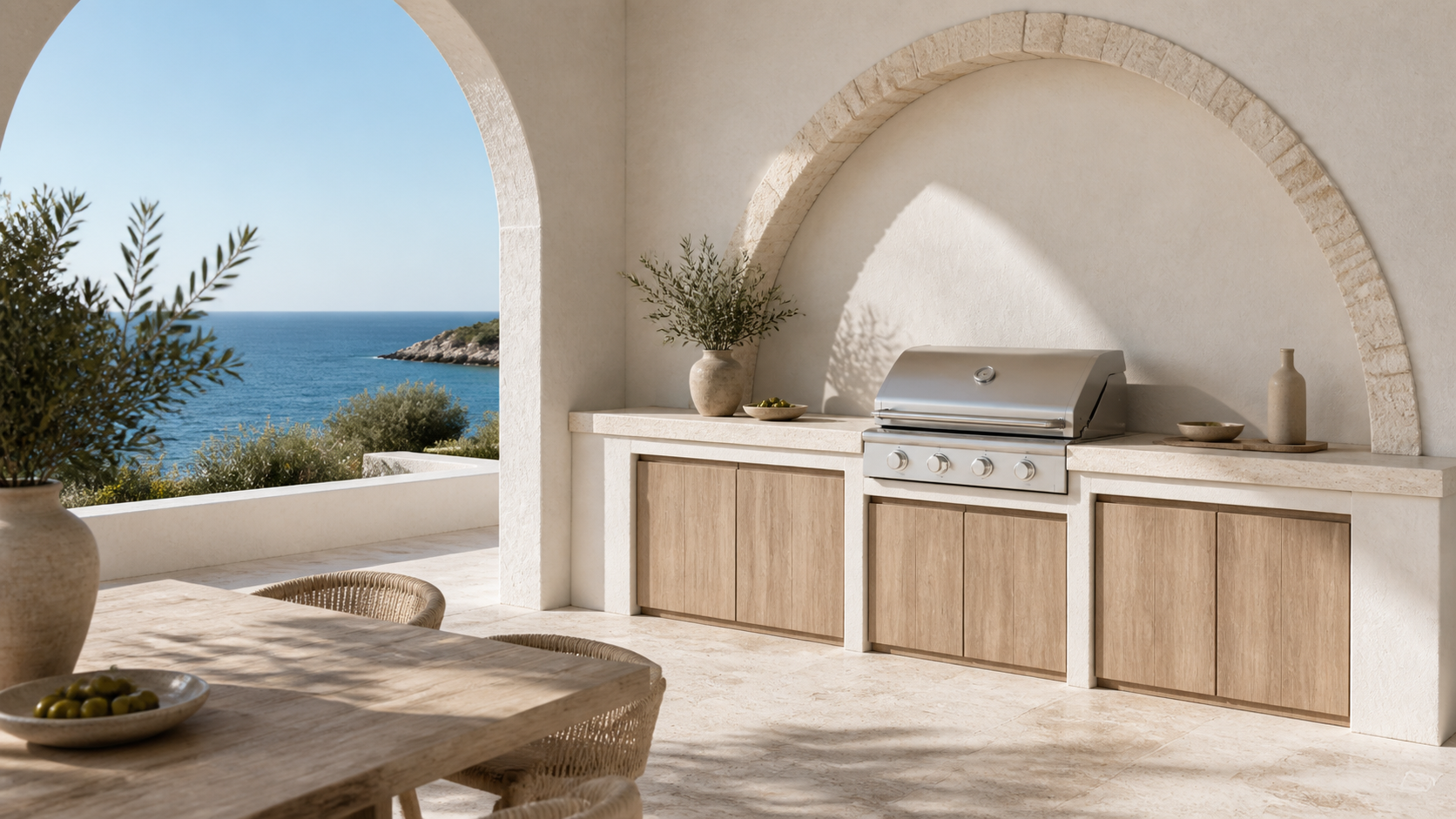 Fadior Vantage Outdoor Kitchen Suite with Porcelain Monolith Prep Terrace — lifestyle setting with natural light and
