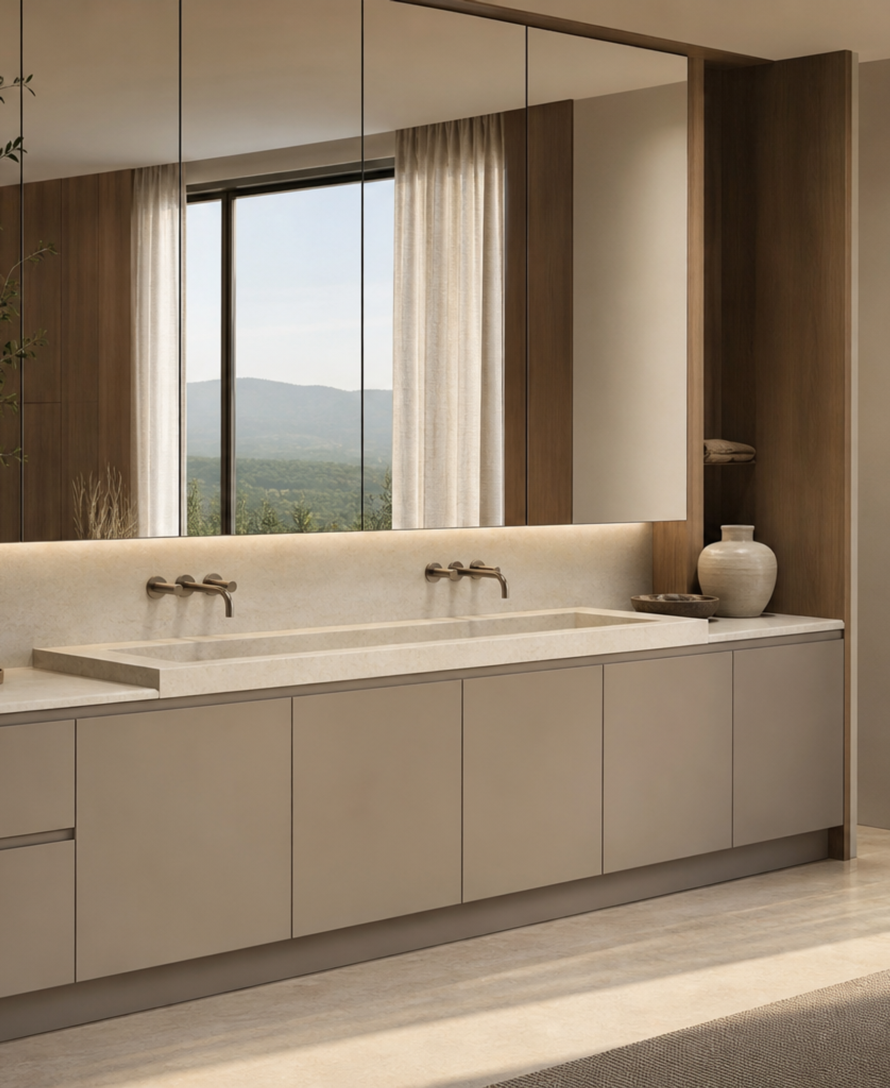 Fadior Solstice Bath and Vanity Suite with Warm Grey Basin Niche — 304 stainless steel bath and vanity system, front view