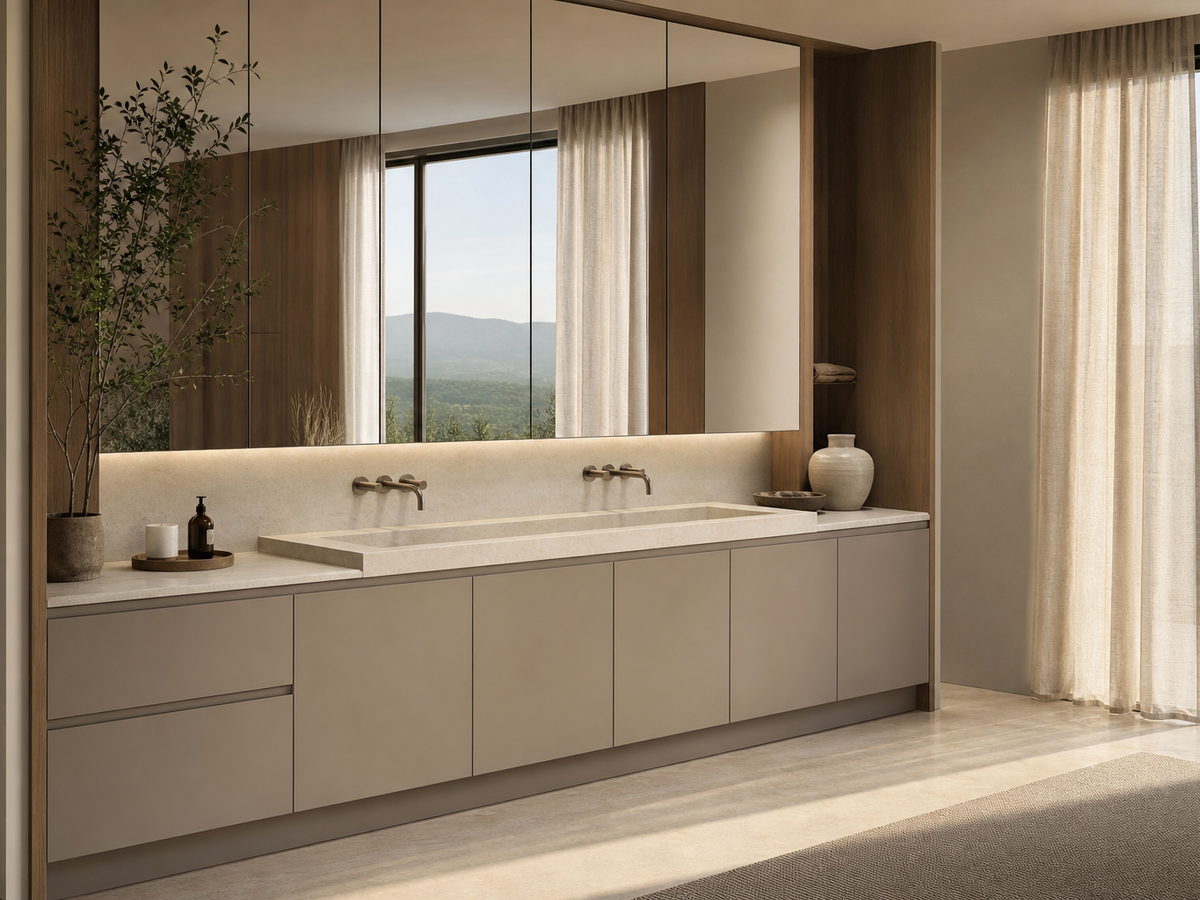 Fadior Solstice Bath and Vanity Suite with Warm Grey Basin Niche — 304 stainless steel bath and vanity system, front view