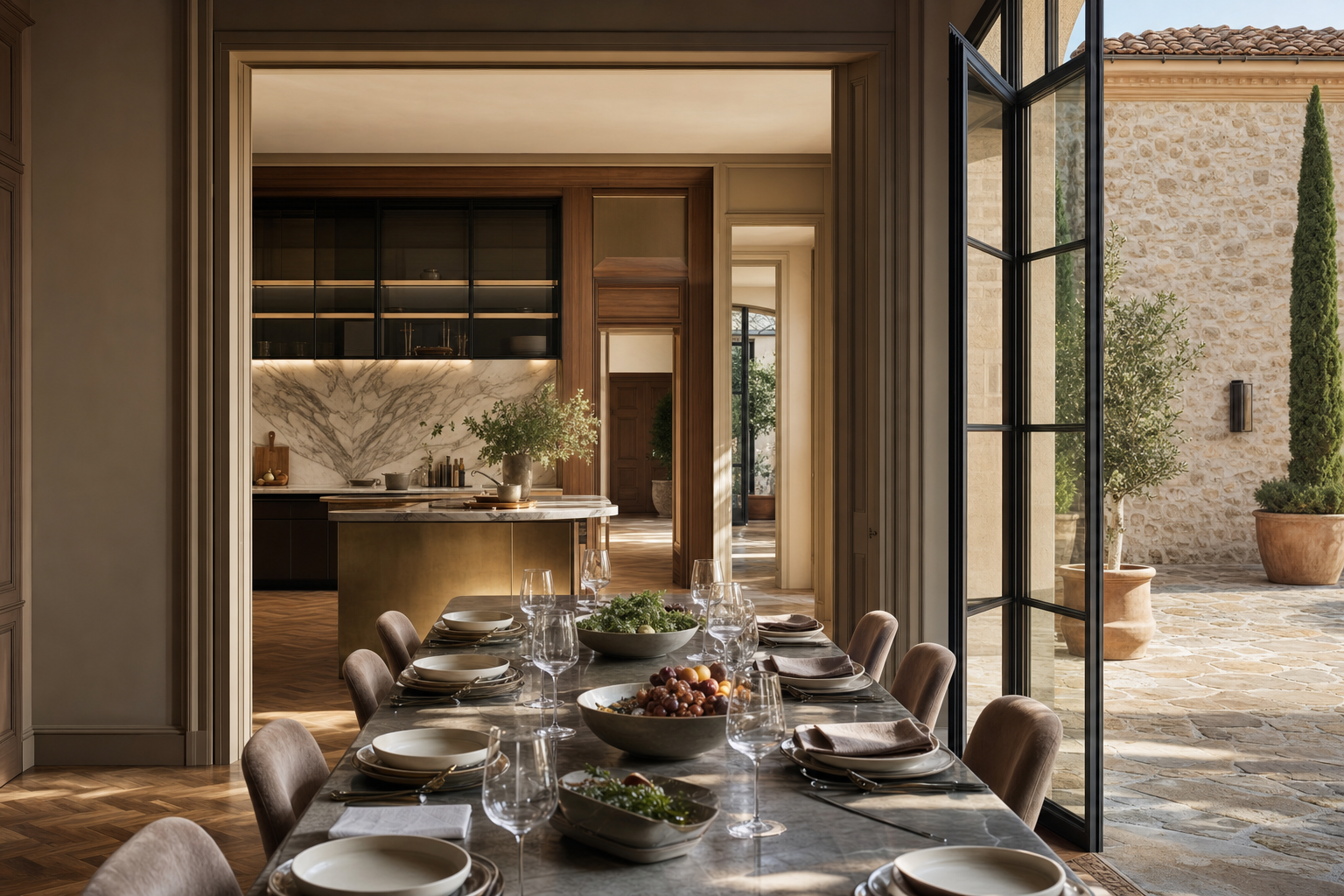 Fadior Siena Garden Courtyard Villa — Siena courtyard dining setup with marble table, place settings, glass doors, stone wall, potted cypress, kitchen island, parquet floor, and serving bowls