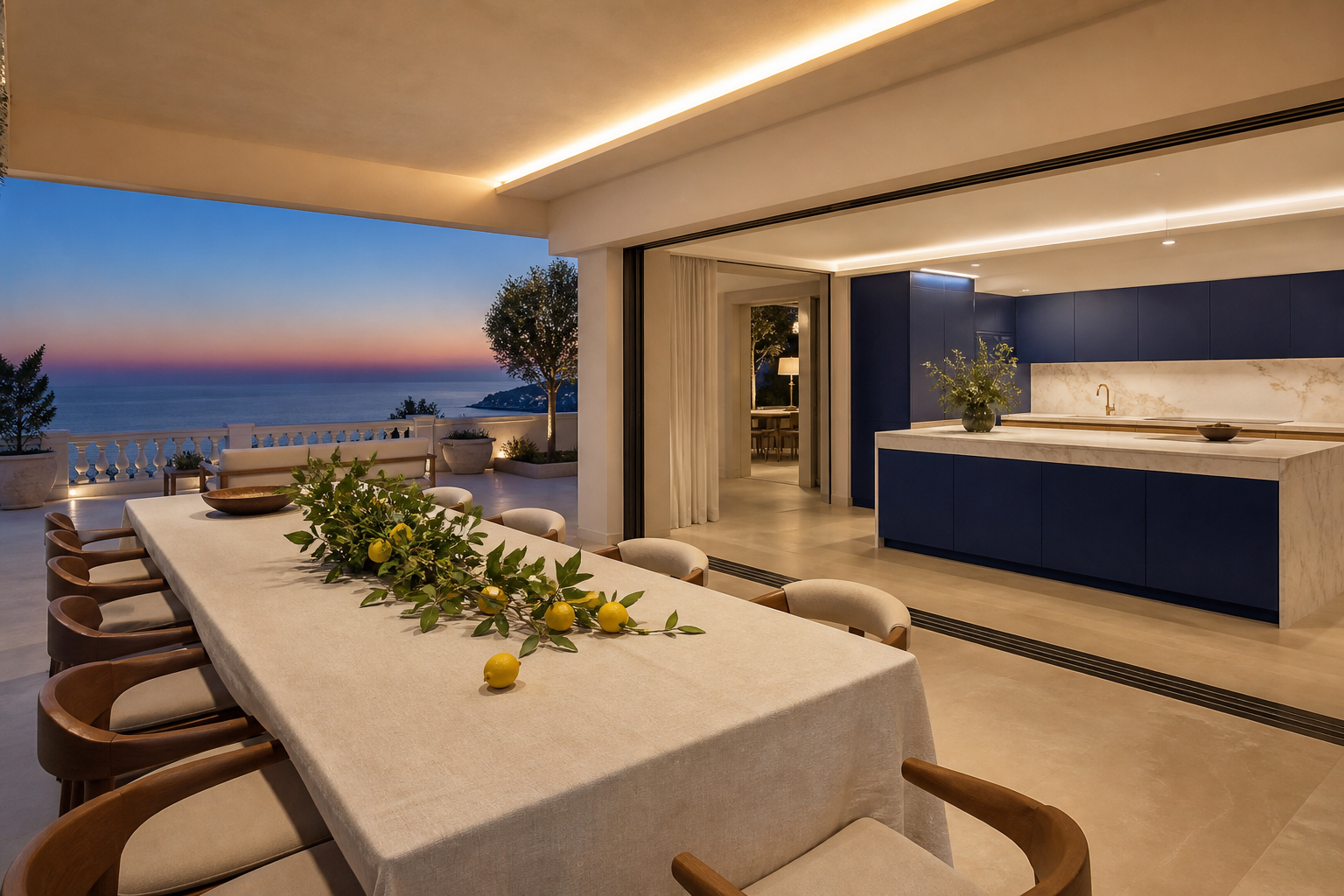 Fadior Algarve 420 sqm Kitchen Villa — linen table, lemons, blue cabinets, pale island, ocean horizon
