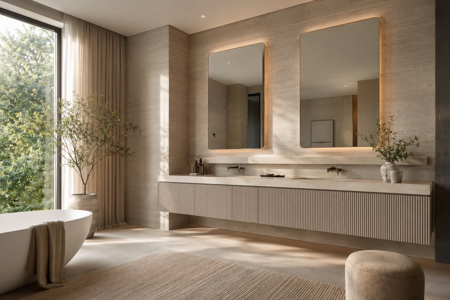 Fadior Verve Bath and Vanity Suite with Sculpted Faucet Ledge — lifestyle setting with natural light and residential styling