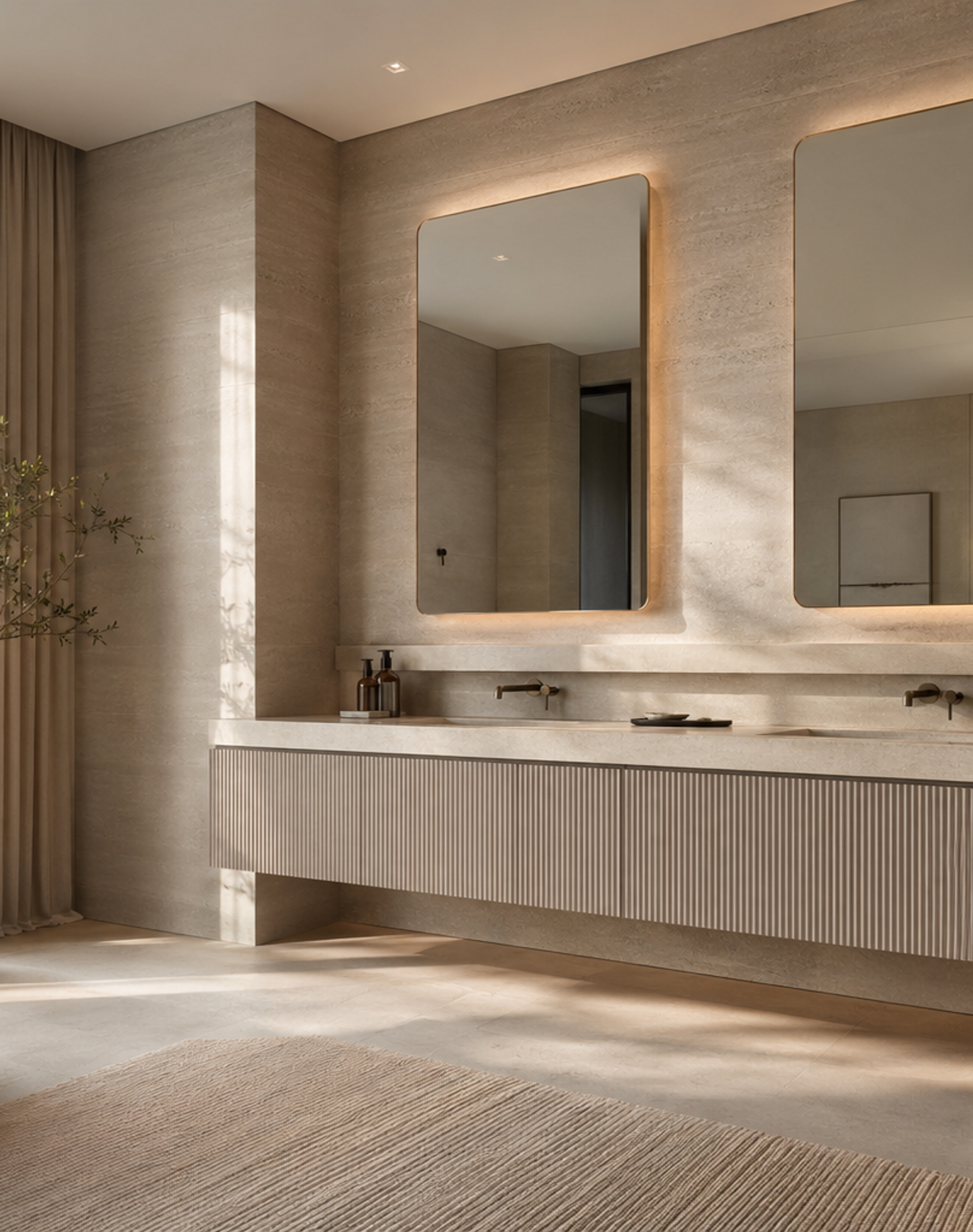 Fadior Verve Bath and Vanity Suite with Sculpted Faucet Ledge — lifestyle setting with natural light and residential styling