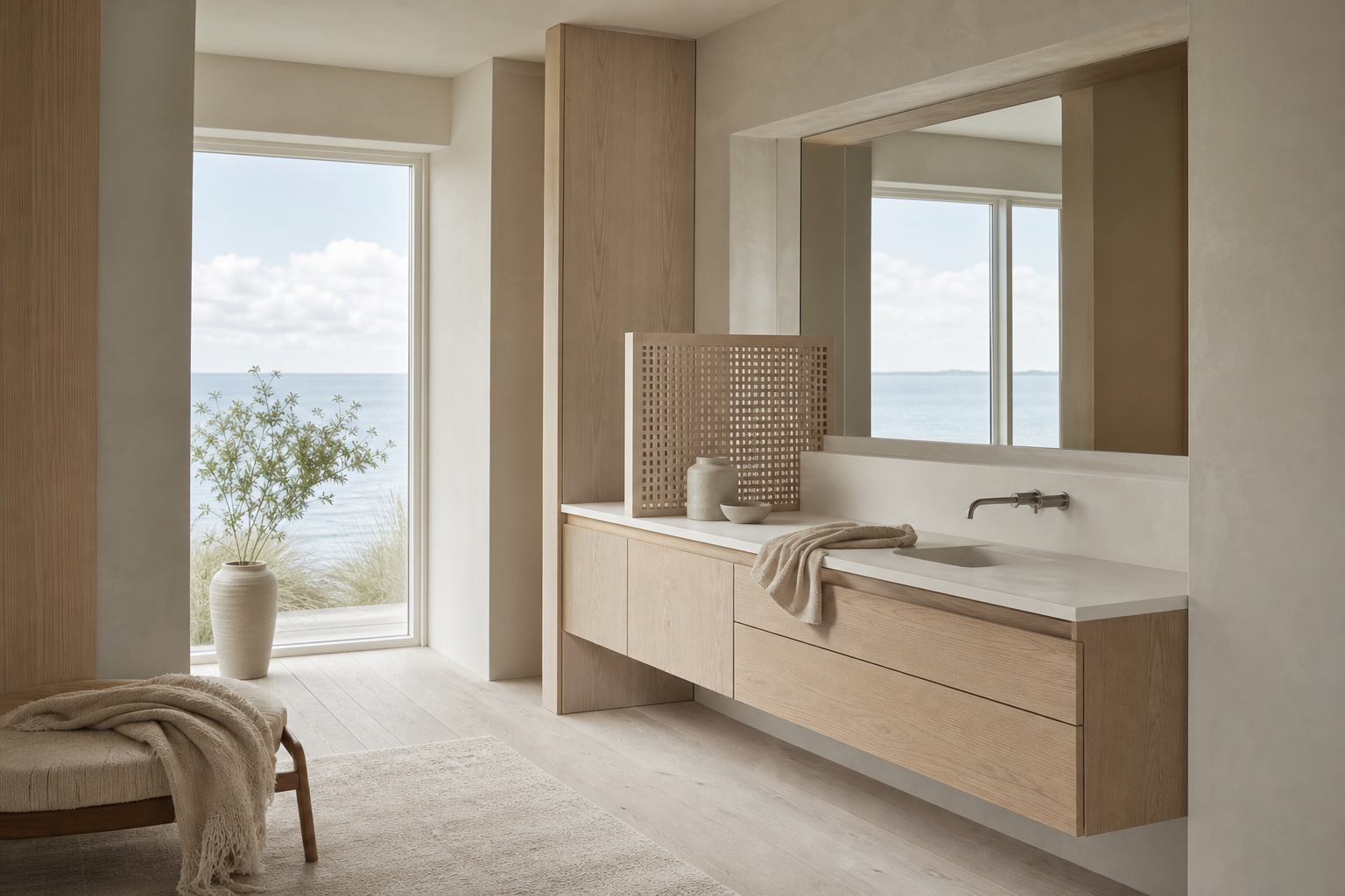 Fadior Ethereal Bath and Vanity Suite with Lantern Basin Screen — lifestyle setting with natural light and residential