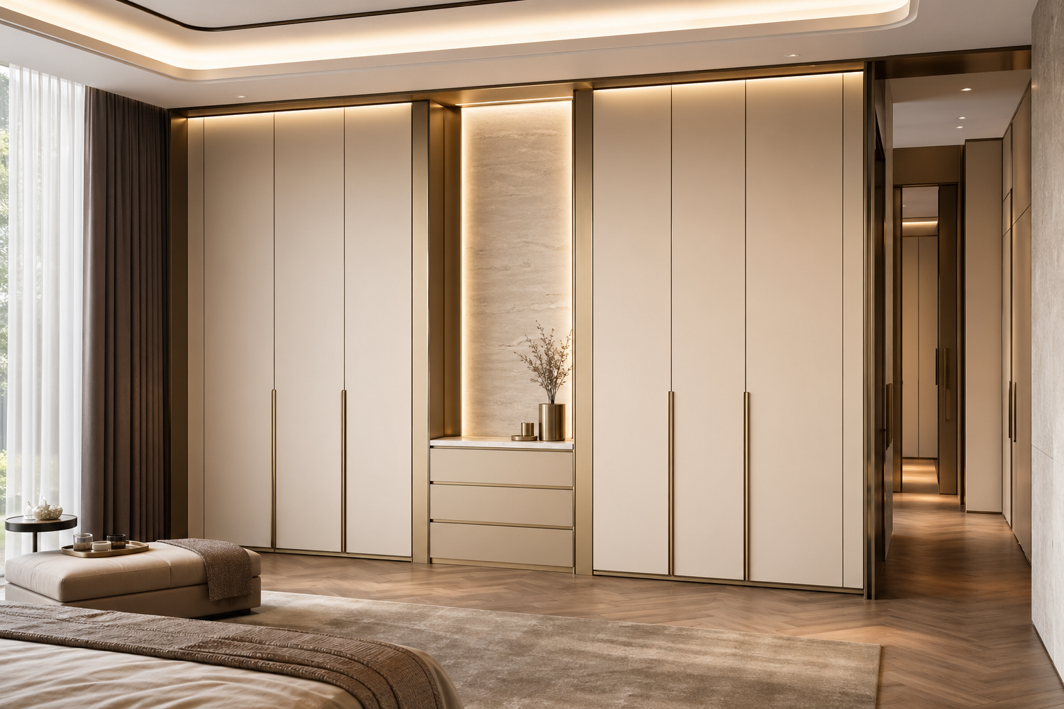Fadior Elementum Wardrobe Suite with Low-Silica Dressing Spine — interior room context showing cabinet integration