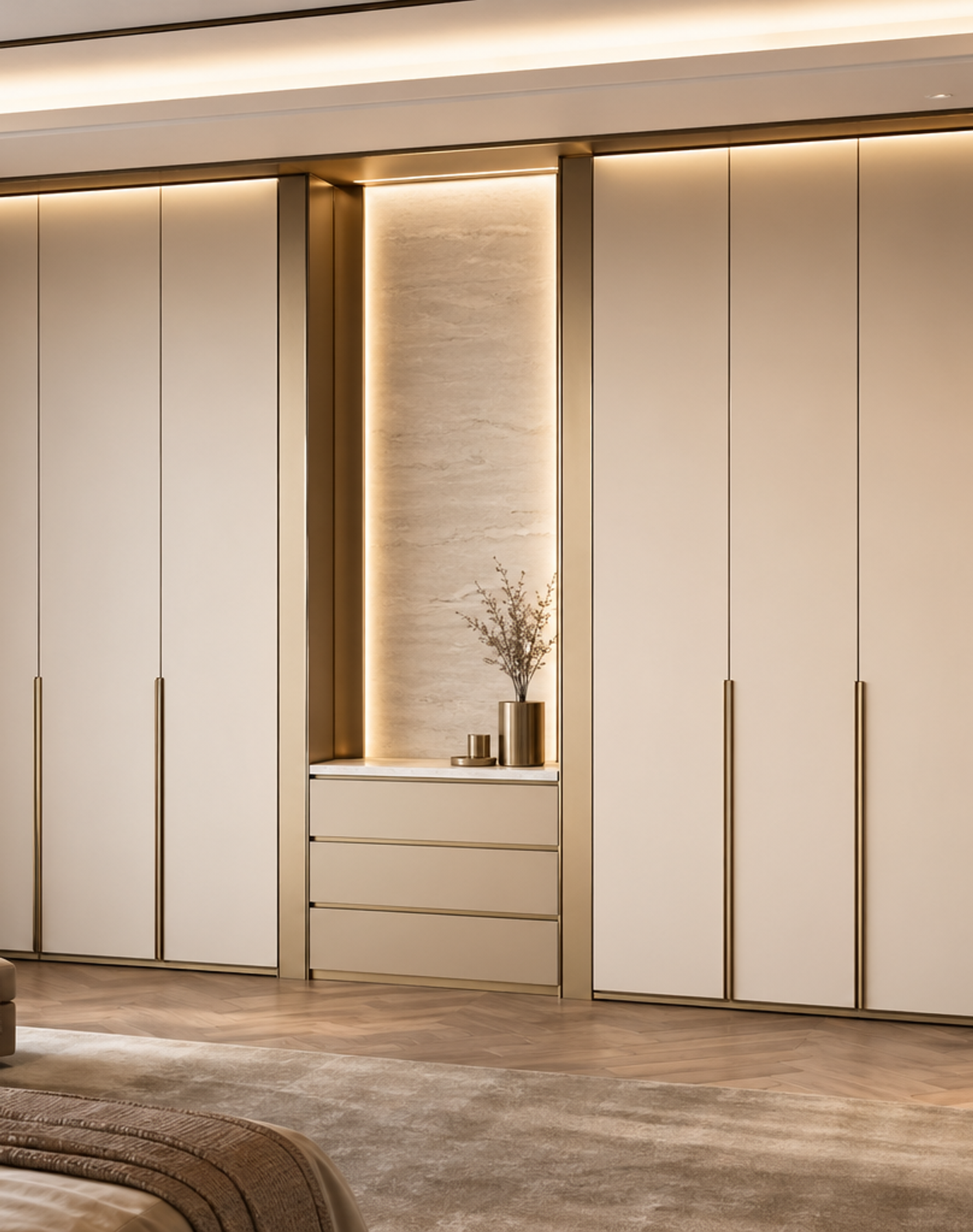 Fadior Elementum Wardrobe Suite with Low-Silica Dressing Spine — interior room context showing cabinet integration