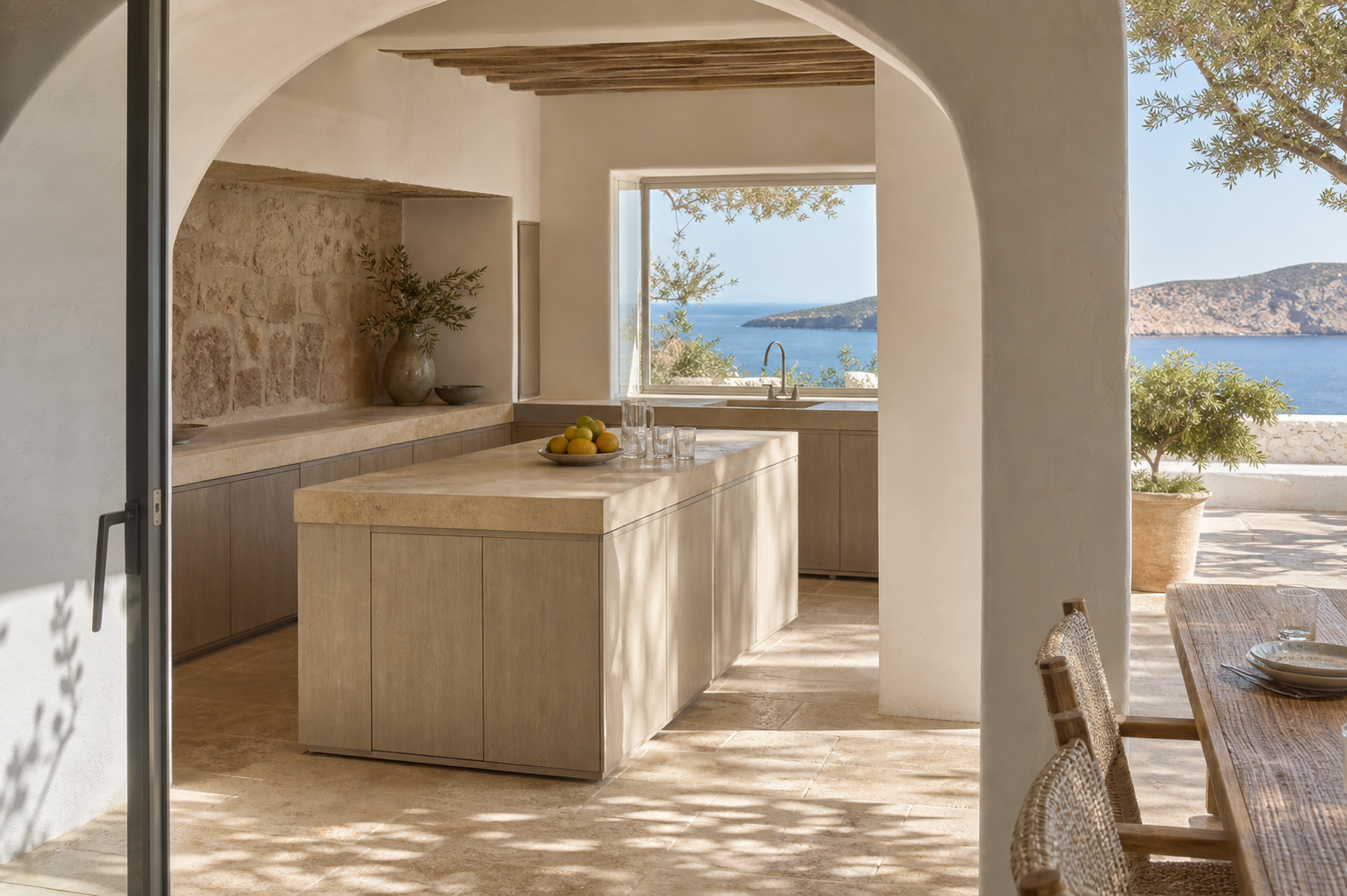 Fadior Meridian Kitchen Suite with Mosaic Threshold Island — lifestyle setting with natural light and residential styling