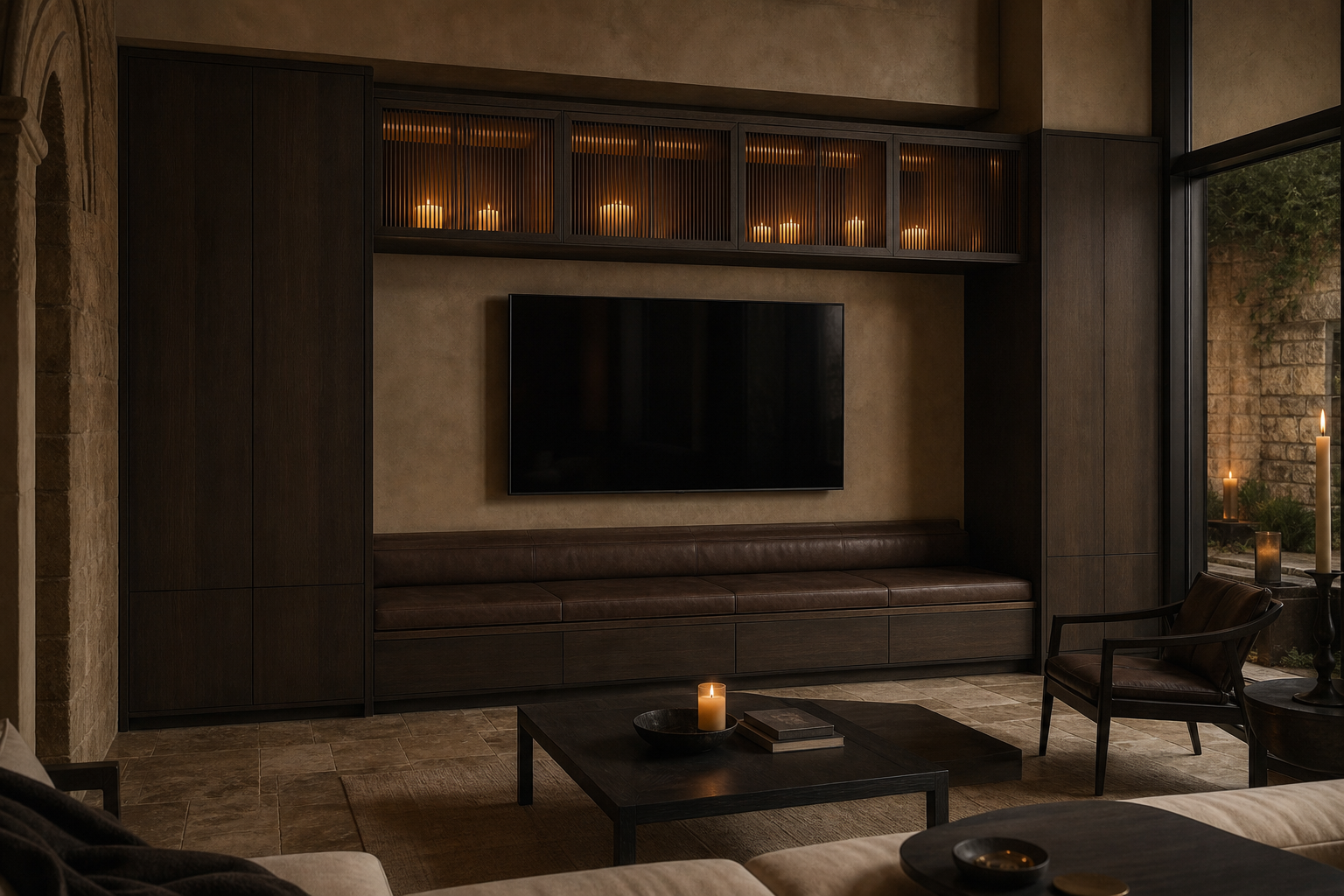 Fadior Patina Living Room Suite with Reeded Display Media Bridge — interior room context showing cabinet integration